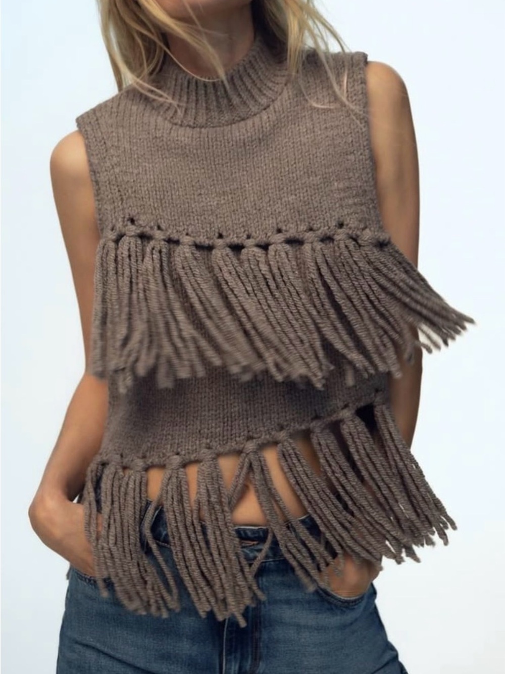 Zara Boho Taupe Brown Brown Grey Fringe Sleeveless crewneck Knit Top Vest, M - Picture 2 of 7